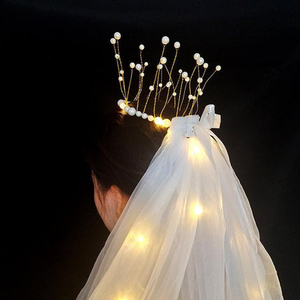 LED Crowns Glowing Headdress Wedding Bride Crowns Pearl Headwear viel party - Aimall