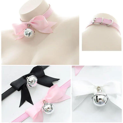 Punk Style Bow Bell Choker Adjustable Collar PU Leather Neckchain Necklace