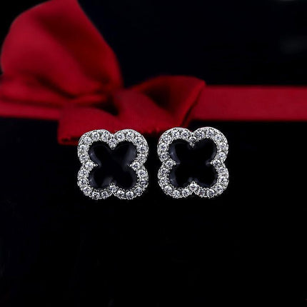 Fashion Flower Four-leaf Lucky Clover Rose Gold White Stud Earring Ladies - Aimall