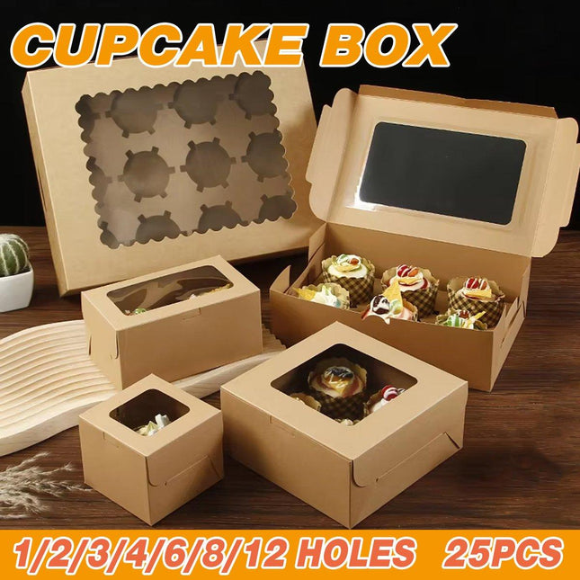 25Pcs Paper Cupcake Box with Window for Party Wedding Bakery Gift Packaging