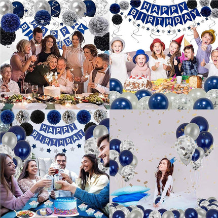 47pcs Blue Birthday Banner Balloon Set Party Decoration Blue Silver Paper Flower