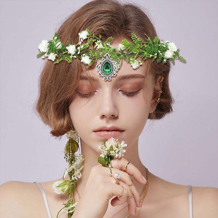 Handmade White Green Pendant Flower Crown Headband Wedding Fairy Elf Cosplay