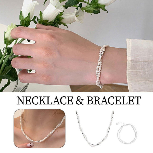 Double Layered Pearl Necklace Bracelet Set Silver Jewelry Women Fashion