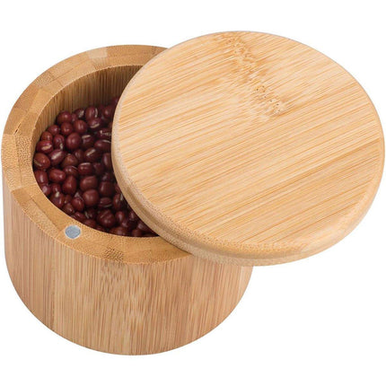 Bamboo Salt Box with Lid Mini Spoon Round Spice Storage Jar Kitchen Utensils Set