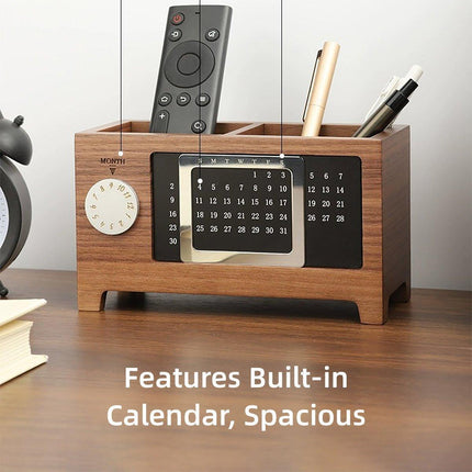 Black Walnut Wood Perpetual Calendar Pen Holder Desktop Organizer Office Storage