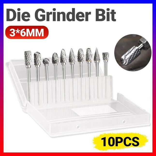 10PCS 6MM Head Tungsten Steel Carbide Rotary Burr Bur Die Grinder Bit + Case Set - Aimall