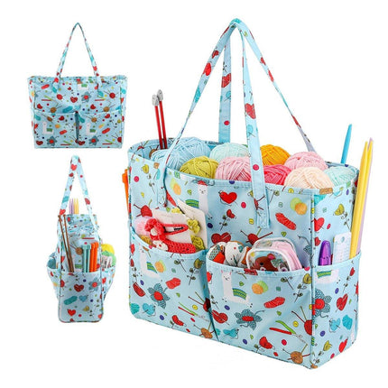 Crochet Yarn Storage Bag Blue Oxford Fabric Knitting Organizer Tote for Crafts