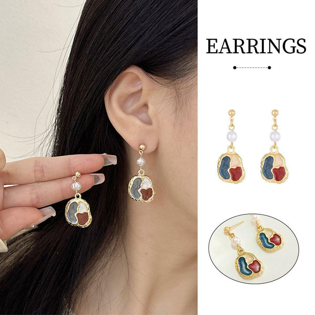 Elegant Hong Kong Vintage Style Color-Matching Earrings Oil Painting Design