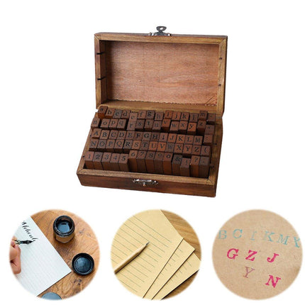 70pcs DIY Alphabet and Number Wood Rubber Stamps Set with Wooden Box Case