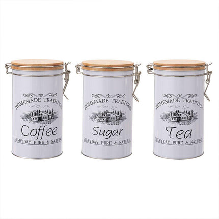 3PCS White Tinplate Coffee Tea Sugar Storage Jar Set Sealed Kitchen Counter