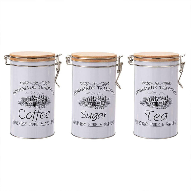3PCS White Tinplate Coffee Tea Sugar Storage Jar Set Sealed Kitchen Counter