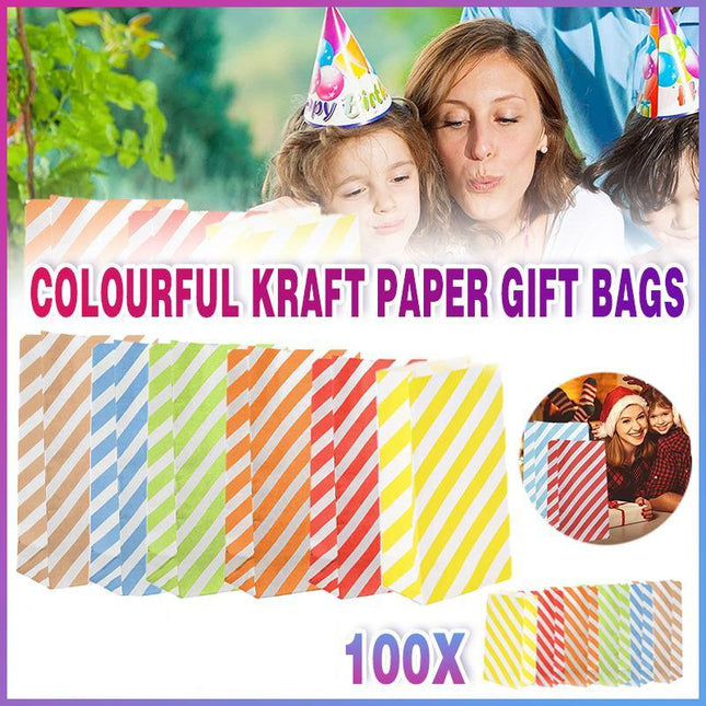 100X Colourful Plaid Kraft Paper Bag Candy Cookie Snack Cake Gift Bags 13*8*24CM - Aimall