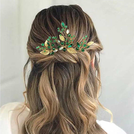 Wedding Bridal U Shaped Hairpins Emerald Green Leaf Bun Clips Women Rhinestone