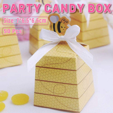 50PCS Bee Party Candy Box Chocolate Box with Ribbon Yellow Gift Boxes