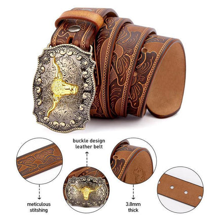 Retro Punk Belt with Cow Head Large Plate Buckle Trendy Western Waist Strap