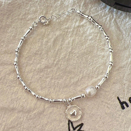 S925 Silver Handmade Bamboo Link Heart and Pearl Pendant Bracelet INS Style Jewelry