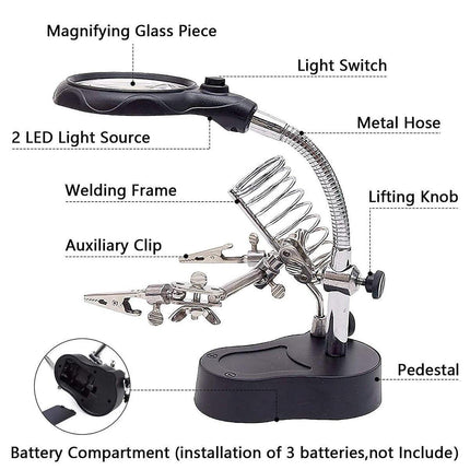 LED Magnifier Stand Holder Soldering Iron Tool Third Hand Helping Station