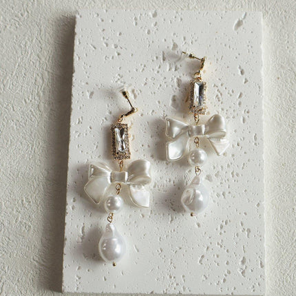 Sweet White Bow Long Earrings for Girls Elegant Fashion Dangle Jewelry Gift