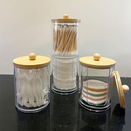 3pcs/set Cotton Swab Holder with Vanity Tray Clear Apothecary Jar Wood Lids