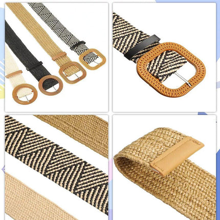 4PCS Womens Woven Cotton Linen Belt Set Round Square Buckle Long Shirt Dress