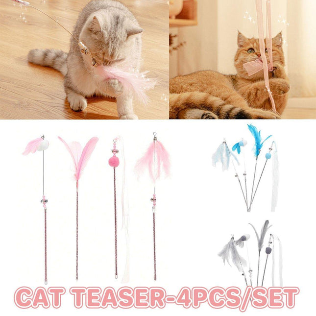 4PCS Cat Teaser Stick with Bells Feathers Bite-resistant Long Rod Toy Supplies