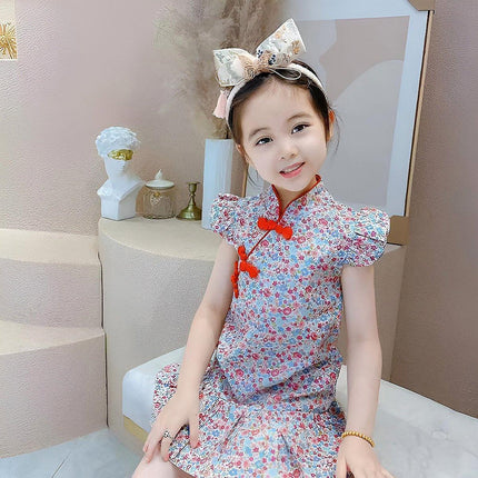 Girls Cheongsam Skirt Floral Dress Traditional Chinese Style Summer Outfit