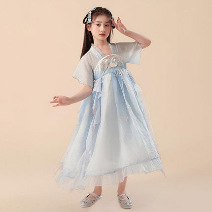 Blue Hanfu Girl Super Fairy Dress Mesh Traditional Chinese Style Princess Outfit