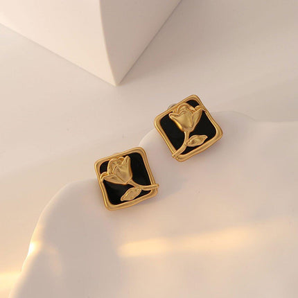 Vintage Matte Black Rose Square Stud Earrings Elegant Fashion Jewelry Women