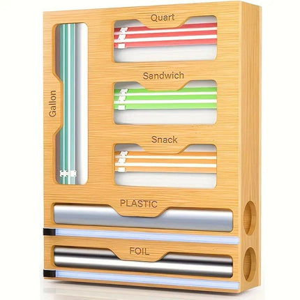 Bamboo Kitchen Storage Box for Plastic Wrap Tin Foil Paper Cutter with Lid