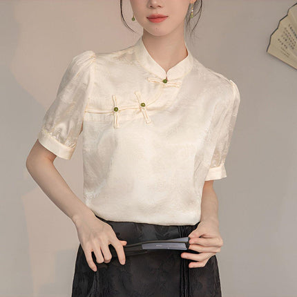 Women Satin Short Sleeve Blouse Chinese Button Top New Fashion Shirt Ladies