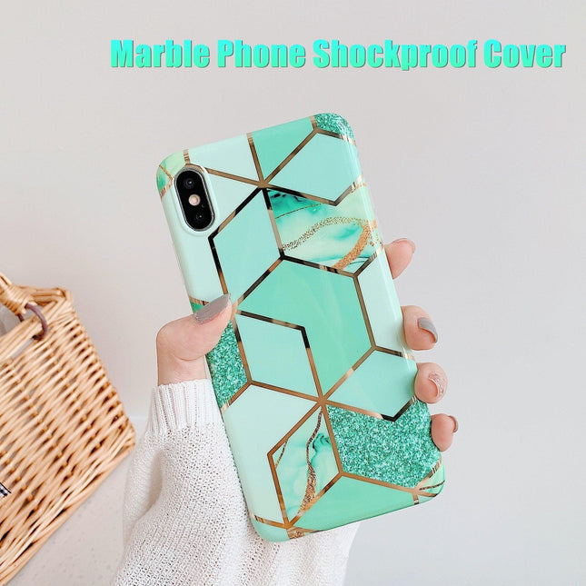 Green Geometric Marble Case for iPhone 13 12 11 Pro Max XR XS 8 Shockproof Cover Silicone - Aimall
