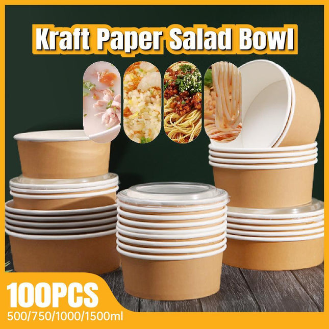 Take-Away Kraft Paper Salad Bowl Food Grade Takeout Tableware Food Bowl With Lid - Aimall
