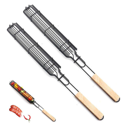 4PCS Outdoor BBQ Grill Basket Wooden Handle Sausage Hot Dog Corn Grilling Net