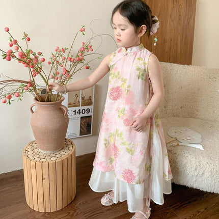 Girls New Chinese Style Cheongsam Dress Set Summer Traditional Outfit