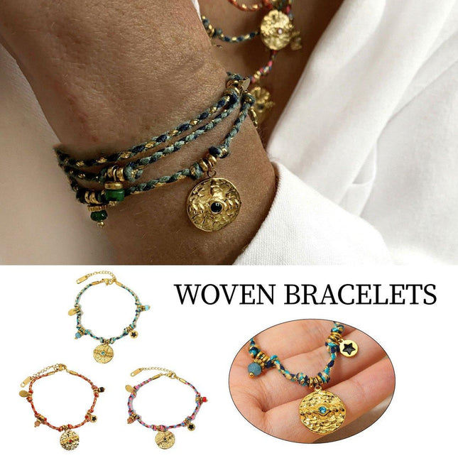 Boho Bracelet Set Women Natural Stone Woven Retro Style Adjustable Layered