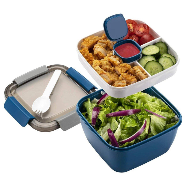 Blue Double Layer Salad Box Bento Box Lunch Box with Compartments for Food