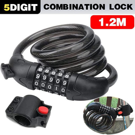 Bike Bicycle Cycling Lock 5-Digit Combination Security Cable Lock 12*1200mm - Aimall
