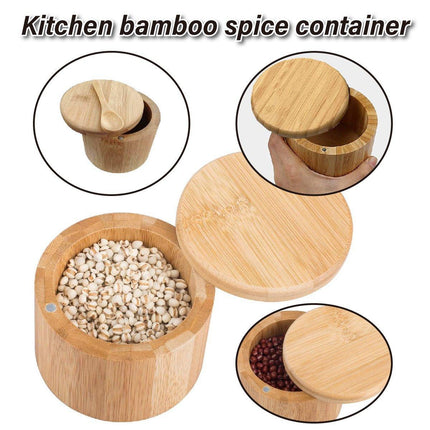 Bamboo Salt Box with Lid Mini Spoon Round Spice Storage Jar Kitchen Utensils Set