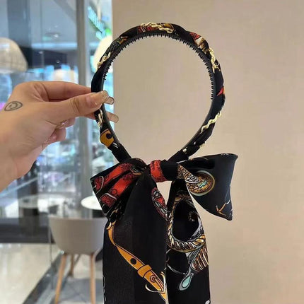 Chains patterned satin headband with Long Scarf Headband Scarf Hair Accessories - Aimall