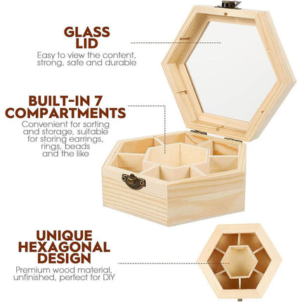 Hexagonal Seven Jewelry Compartment Wooden Organizer Desktop Finishing Box