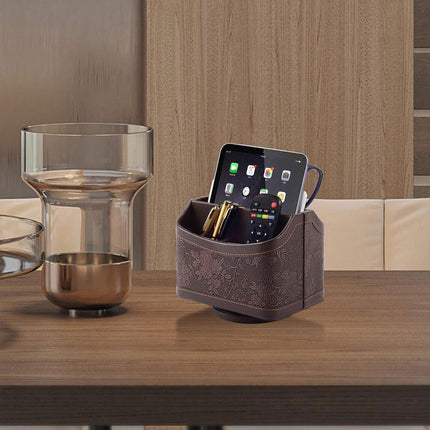 Leather Remote Control Holder 360 Degree Spinning Desk TV Remote Table Organizer