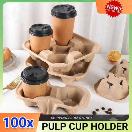 100PCS BioCup 2/4 Cup Carry Tray - Recycled Paper Pulp Holder - Aimall