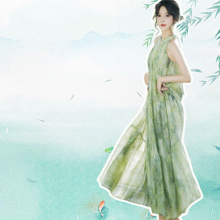 Women Chinese Style Green Halter Neck Long Dress Elegant Evening Gown