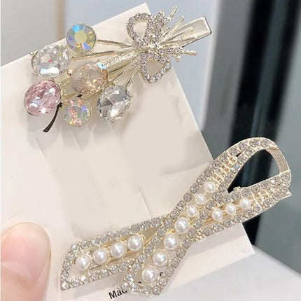 Fashion Women Crystal Hair Clip Barrette Rhinestone Flower Spring Pearl Hairpins - Aimall