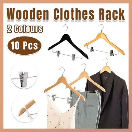 10 Pcs Wooden Non-Slip Wide Shoulder Clothes Hanger with Clip for Hotel Wardrobe