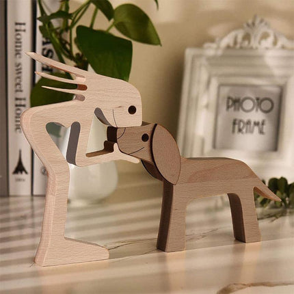 Handmade Wooden Statue, Sitting Woman and Dog, Wood Decor Craft DIY Home Decor - Aimall