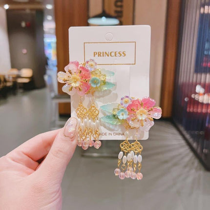 2Pcs Hanfu Flower Hair Clip Pearl Tassel Butterfly Hairpin Female/Children Party - Aimall
