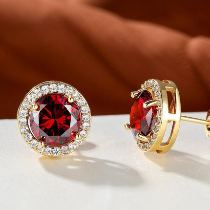 Red Garnet Diamond Halo Round Stud Earring Push Back Rose Gold Plated Women Gift - Aimall