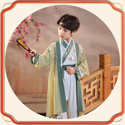 Kids Boys Hanfu Suit Top and Pants Embroidered Lace Up Bag Tassel Chinese Style - Aimall