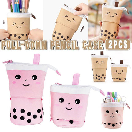 Cute Bubble Tea Cartoon Stationery Box Retractable Standing Pencil Holder Case